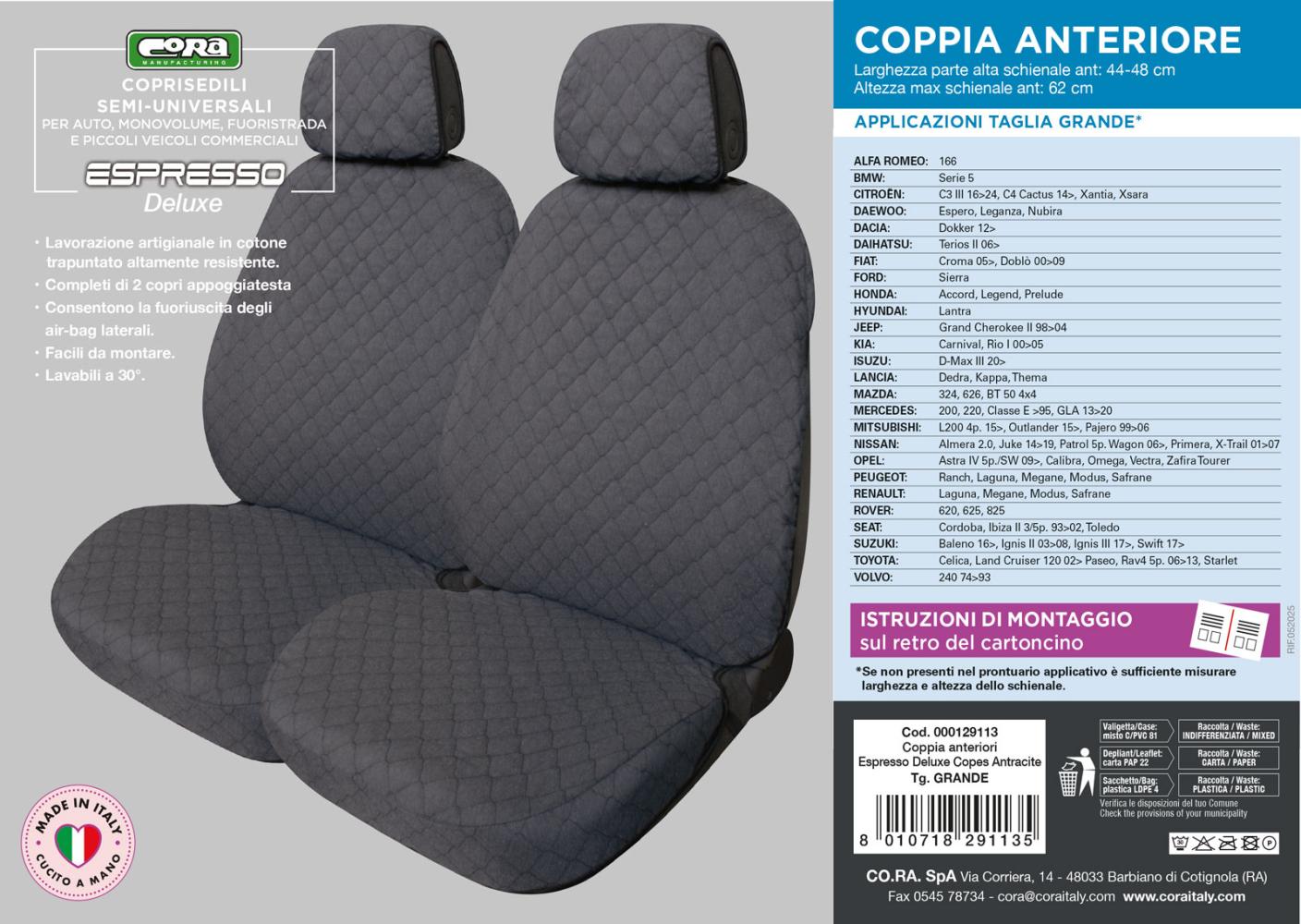 Coprisedili anteriori Espresso Deluxe tg. grande tess. cotone trapuntato antracite - immagine 4
