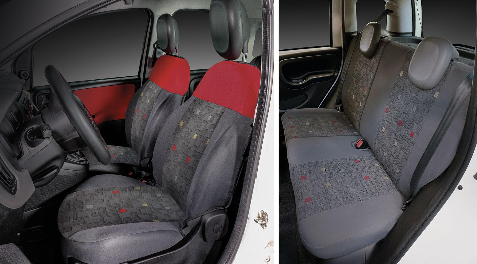 Serie completa coprisedili personalizzati Fiat Panda 12> 4 posti post. diviso tess. misto cotone quadri grigio/rosso