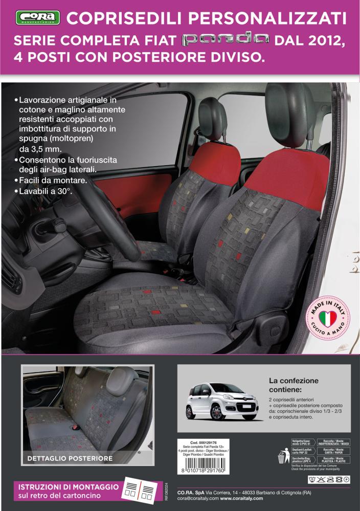 Serie completa coprisedili personalizzati Fiat Panda 12> 4 posti post. diviso tess. misto cotone quadri grigio/rosso - immagine 3