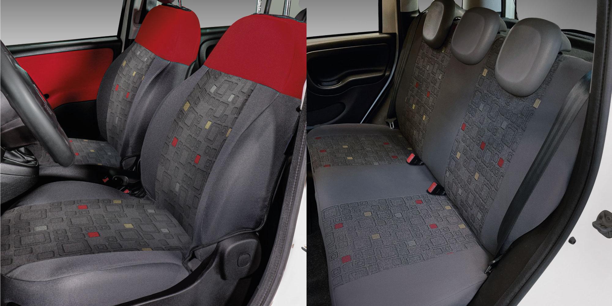 Serie completa coprisedili personalizzati Fiat Panda 12> 5 posti post. diviso tess. misto cotone quadri grigio/rosso