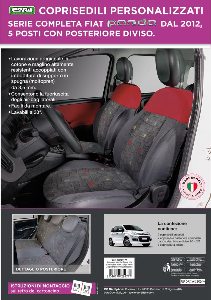 Serie completa coprisedili personalizzati Fiat Panda 12> 5 posti post. diviso tess. misto cotone quadri grigio/rosso - immagine 3