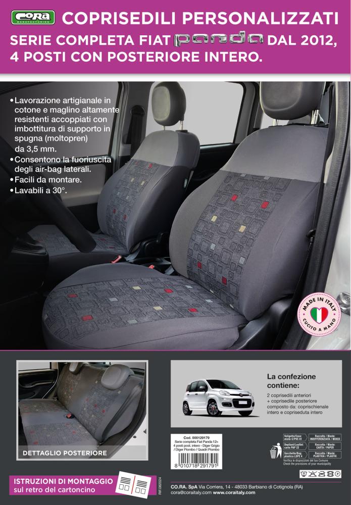 Serie completa coprisedili personalizzati Fiat Panda 12> 4 posti post. intero tess. misto cotone quadri grigio/piombo - immagine 5