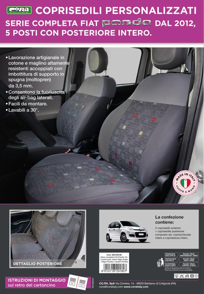 Serie completa coprisedili personalizzati Fiat Panda 12> 5 posti post. intero tess. misto cotone quadri grigio/piombo - immagine 5