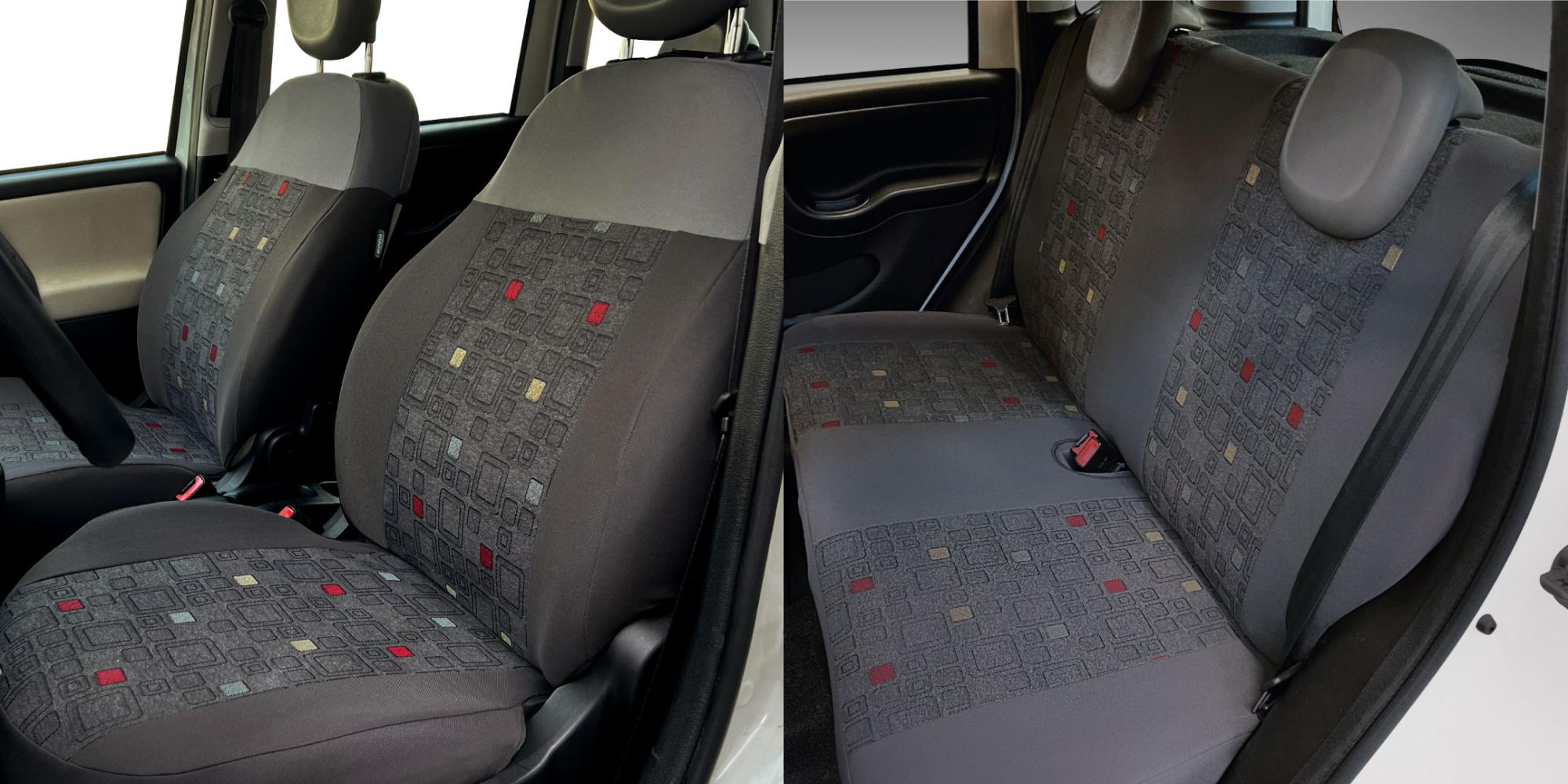 Serie completa coprisedili personalizzati Fiat Panda 12> 4 posti post. diviso tess. misto cotone quadri grigio/piombo
