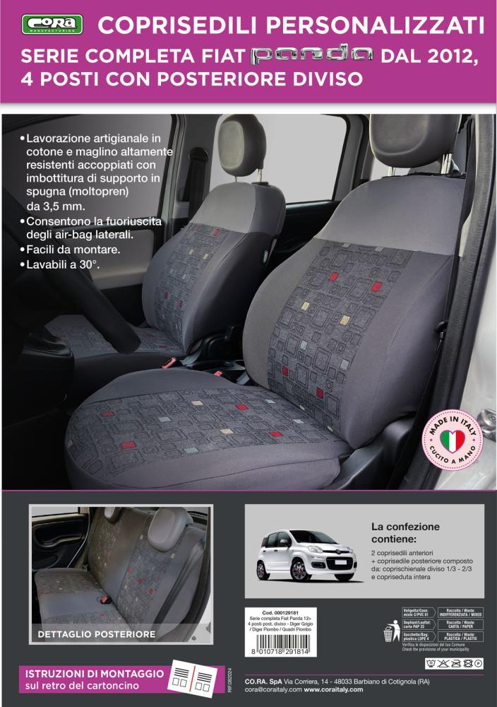 Serie completa coprisedili personalizzati Fiat Panda 12> 4 posti post. diviso tess. misto cotone quadri grigio/piombo - immagine 4