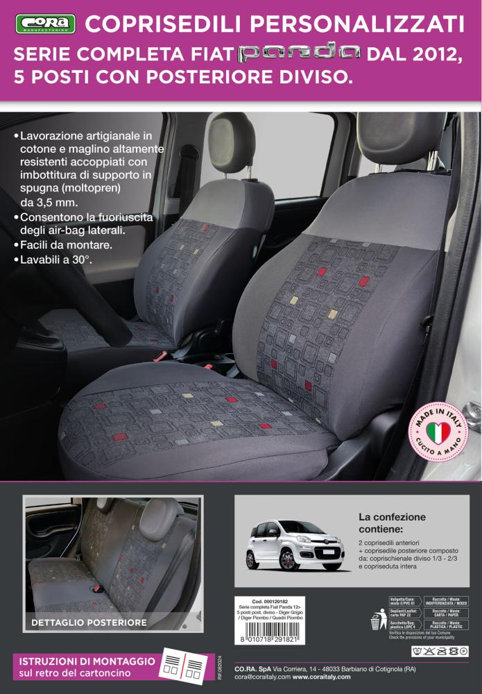 Serie completa coprisedili personalizzati Fiat Panda 12> 5 posti post. diviso tess. misto cotone quadri grigio/piombo - immagine 4