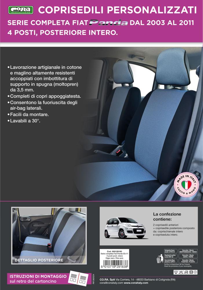 Serie completa coprisedili personalizzati Fiat Panda II 03> 4 posti post. intero tess. cotone nero/avio - immagine 5