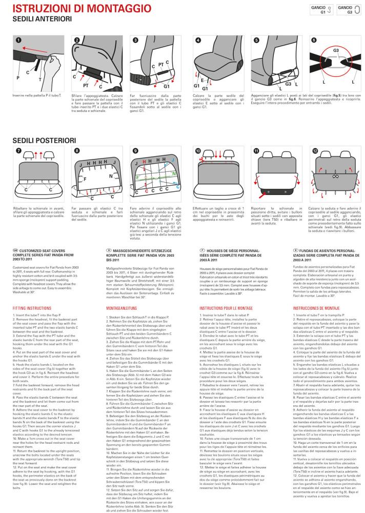 Serie completa coprisedili personalizzati Fiat Panda II 03> 4 posti post. intero tess. cotone nero/avio - immagine 6