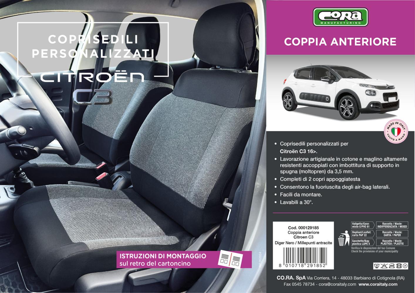 Coprisedili anteriori personalizzati CITROEN C3 16>24 tess. millepunti antracite - immagine 3