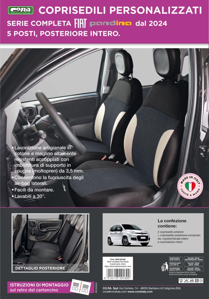 Serie completa coprisedili personalizzati Fiat Pandina 24> 5 posti post. intero tess. misto cotone nero/crema - immagine 3