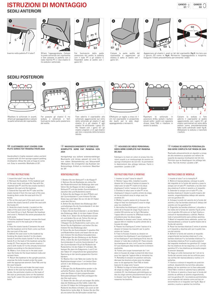 Serie completa coprisedili personalizzati Fiat Pandina 24> 5 posti post. intero tess. misto cotone nero/crema - immagine 4