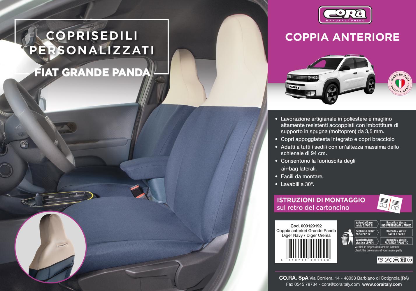Coprisedili anteriori personalizzati Fiat Grande Panda 25> tess. misto cotone blu navy/crema - immagine 3