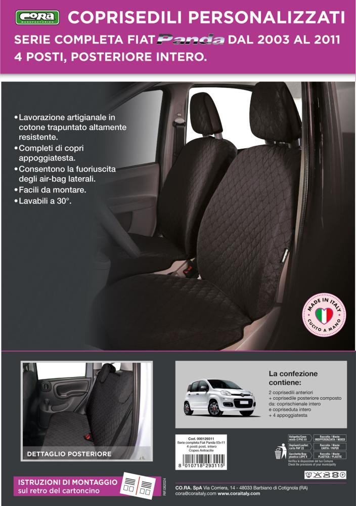 Serie completa coprisedili personalizzati Fiat Panda II 03> 4 posti post. intero tess. cotone trapuntato antracite - immagine 3