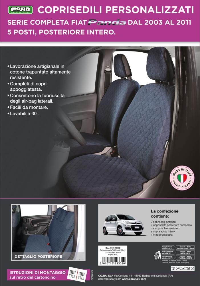 Serie completa coprisedili personalizzati Fiat Panda II 03> 5 posti post. intero tess. cotone trapuntato avio - immagine 5