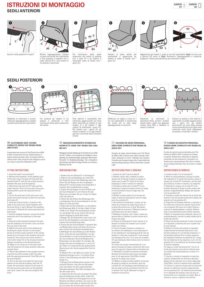 Serie completa coprisedili personalizzati Fiat Panda II 03> 5 posti post. intero tess. cotone trapuntato avio - immagine 6