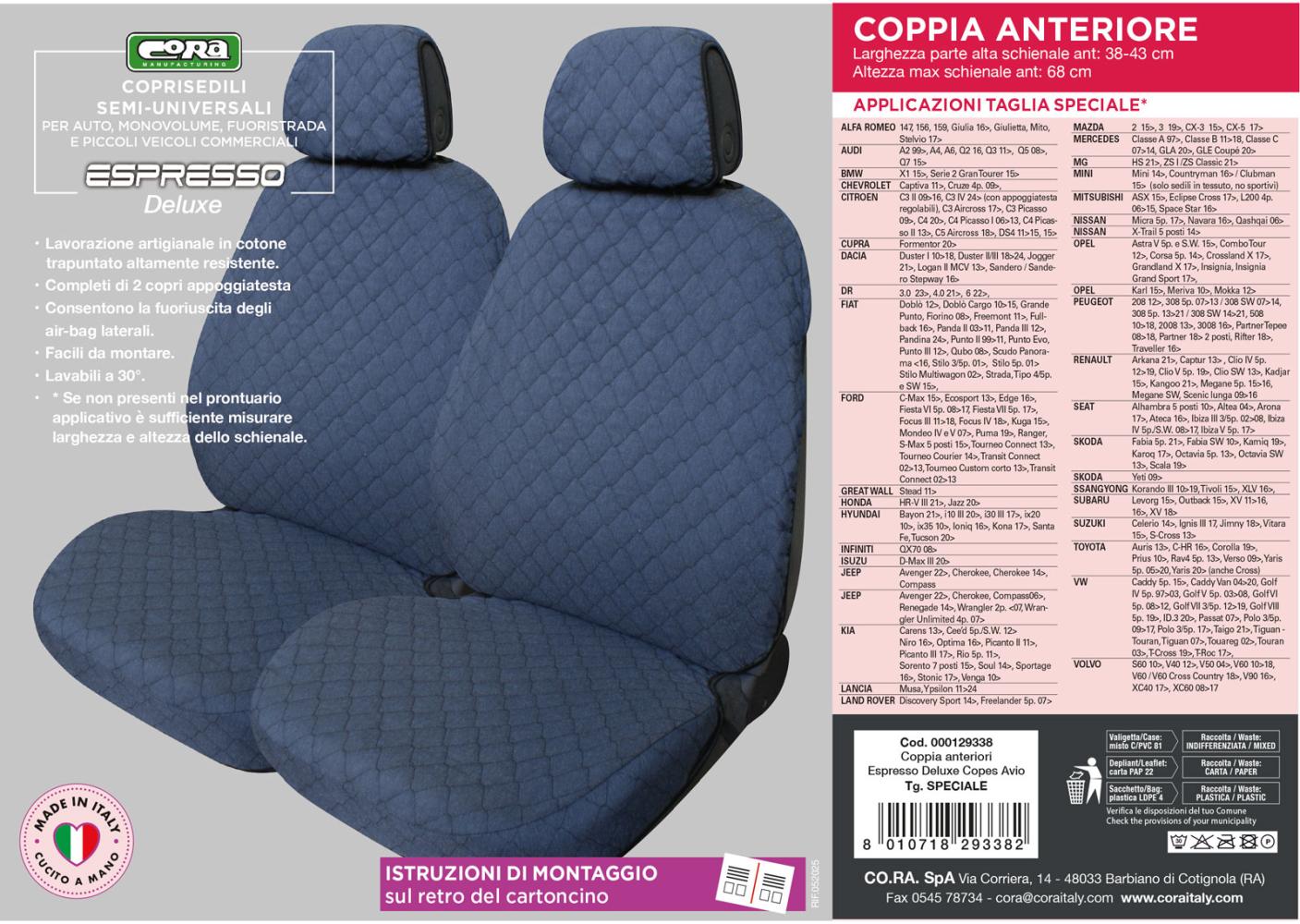 Coprisedili anteriori Espresso tg. speciale tess. cotone trapuntato avio - immagine 4
