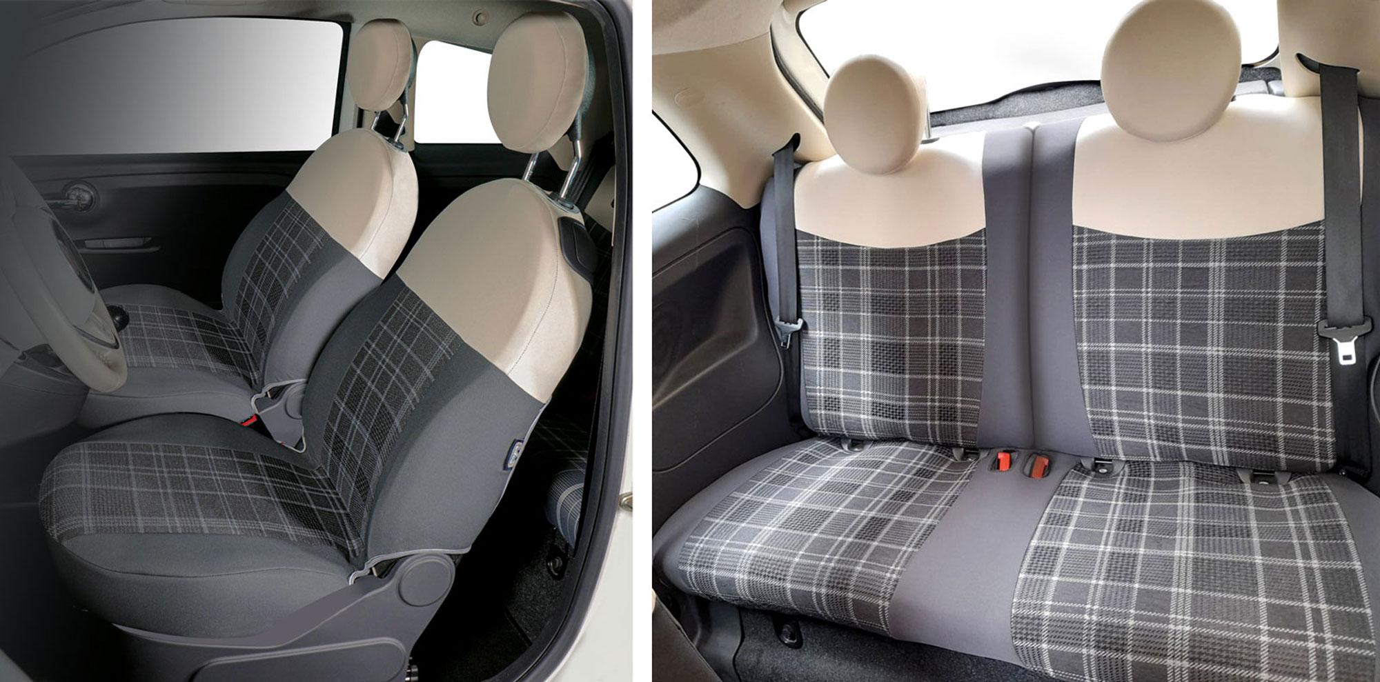 Serie completa coprisedili personalizzati Fiat 500 07> post. diviso tess. misto cotone scozzese grigio/panna