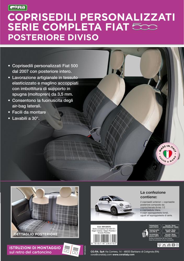 Serie completa coprisedili personalizzati Fiat 500 07> post. diviso tess. misto cotone scozzese grigio/panna - immagine 3