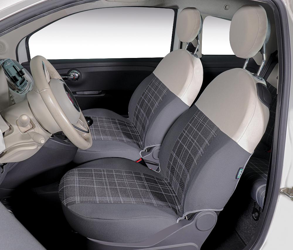 Coprisedili anteriori personalizzati Fiat 500 07> tess. misto cotone scozzese grigio/panna
