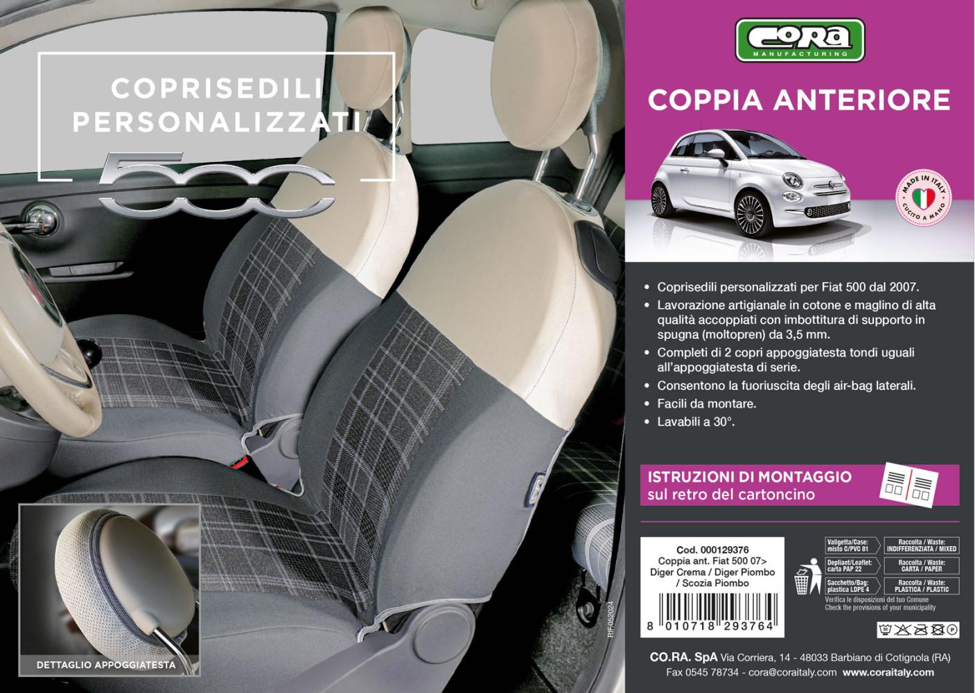 Coprisedili anteriori personalizzati Fiat 500 07> tess. misto cotone scozzese grigio/panna - immagine 3