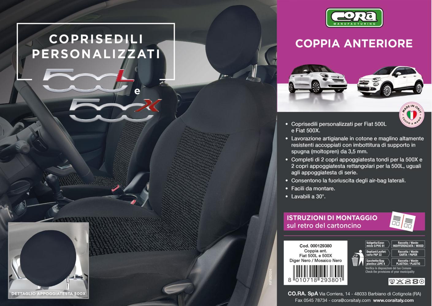 Coprisedili anteriori personalizzati Fiat 500X-500L tess. misto cotone mosaico nero - immagine 4