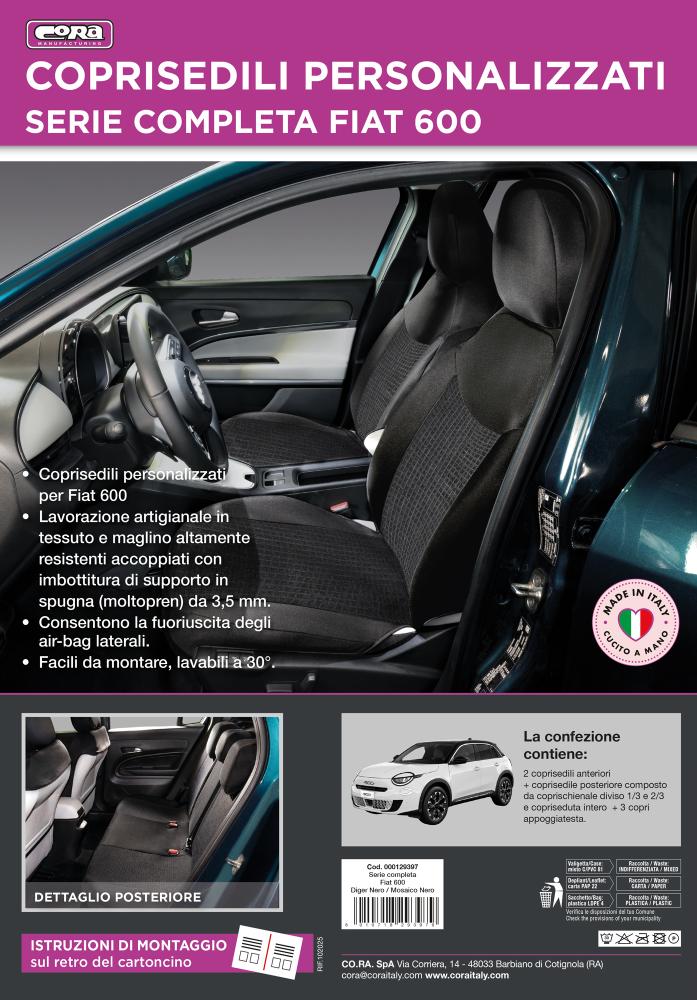 Serie completa coprisedili personalizzati Fiat 600 23> 5 posti post. diviso tess. misto cotone nero/mosaico nero - immagine 3