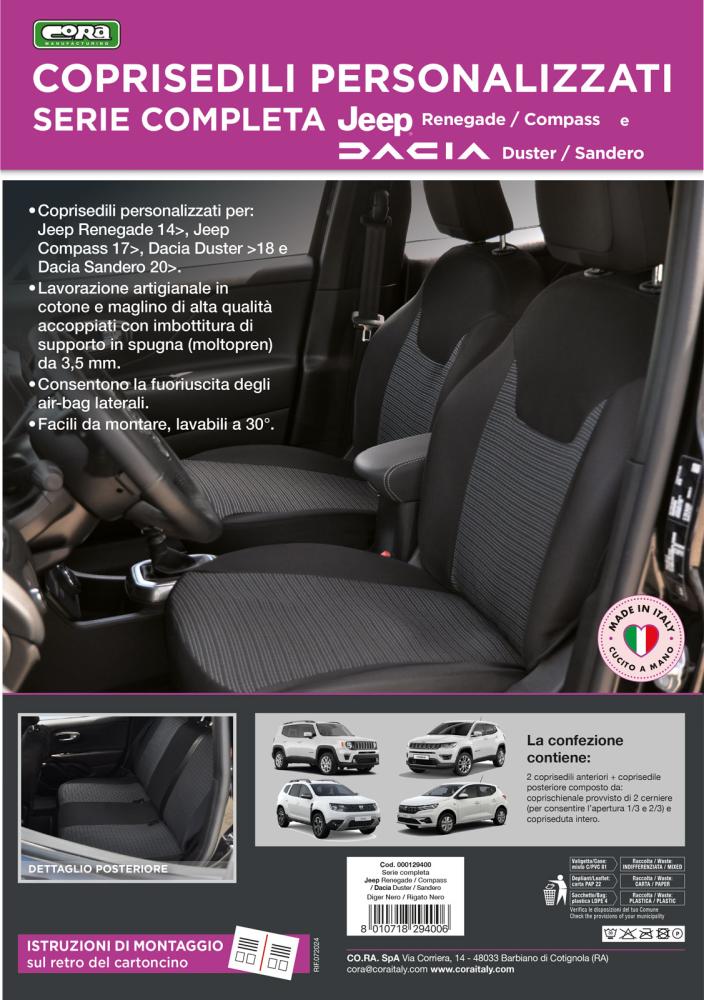 Serie completa coprisedili personalizzati JEEP Renegade 14>/Compass 17>, DACIA Duster I 10>18 / Sandero 20> tess. rigato nero - immagine 5