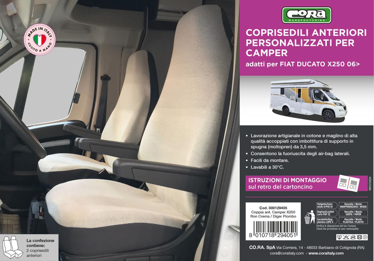 Coprisedili anteriori personalizzati Fiat Ducato camper 06> tess. misto cotone piombo/crema - immagine 3