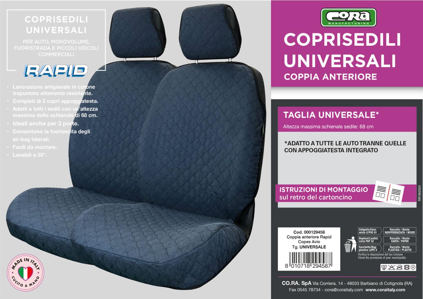 Coprisedili anteriori Rapid tg. universale tess. cotone trapuntato avio - immagine 4