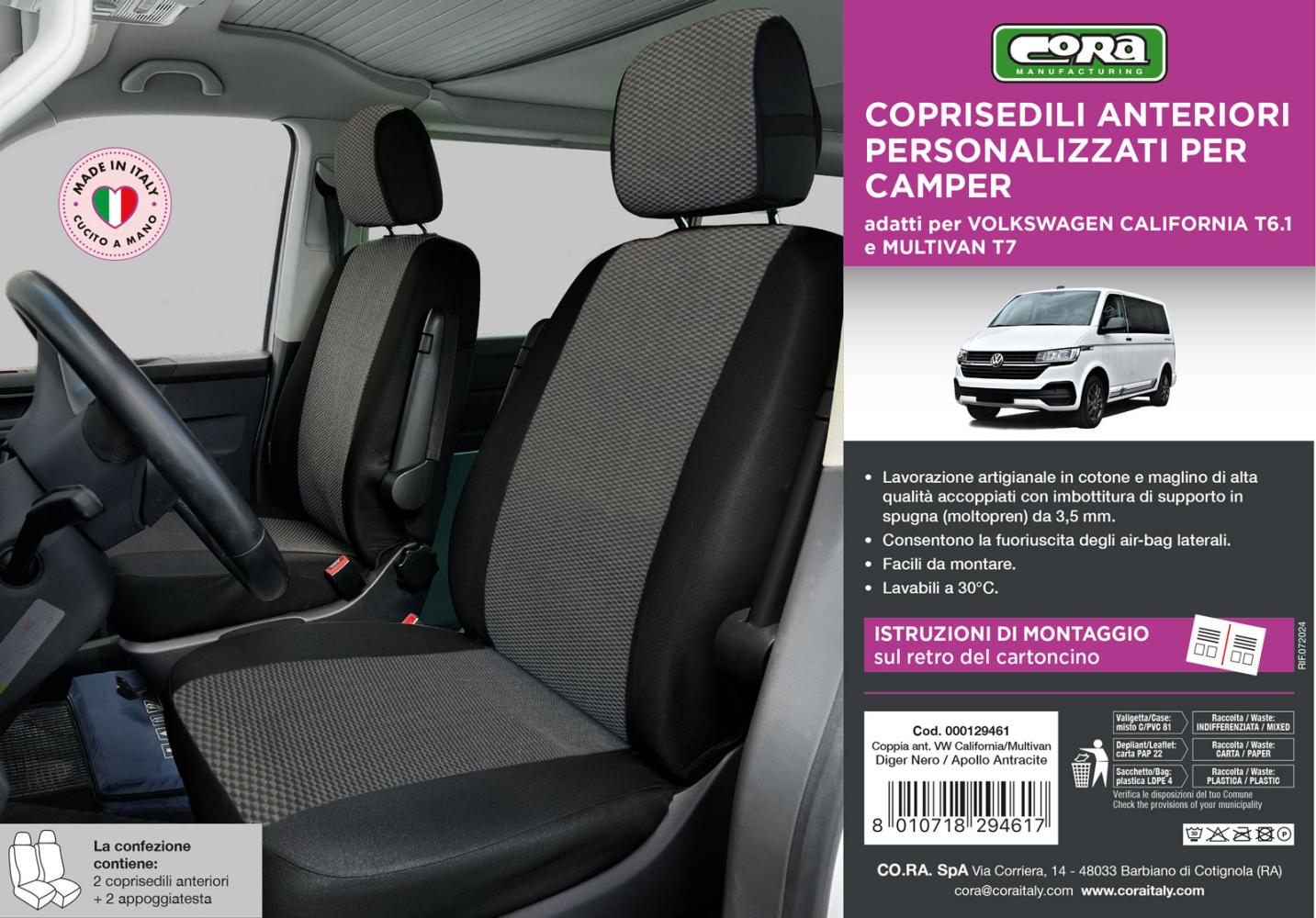 Coprisedili anteriori Volkswagen California/Multivan T6.1/T7 tess. misto cotone nero/antracite - immagine 3