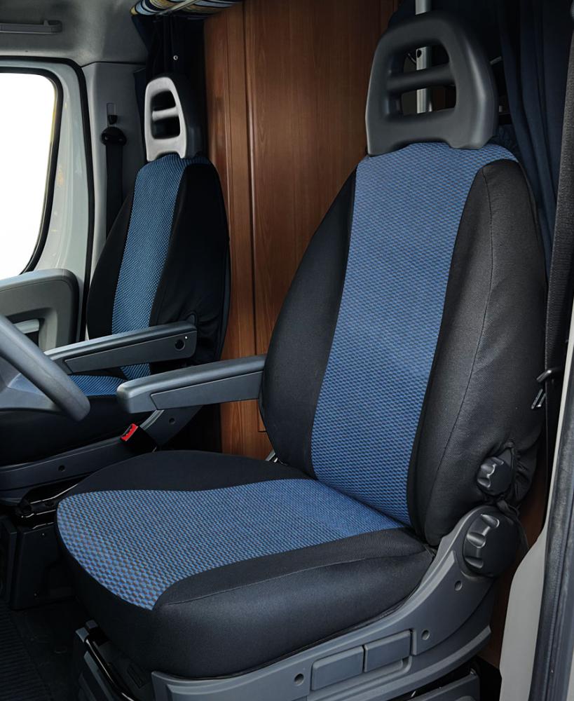 Coprisedili anteriori personalizzati Fiat Ducato camper 02>06 tess. misto cotone nero/avio
