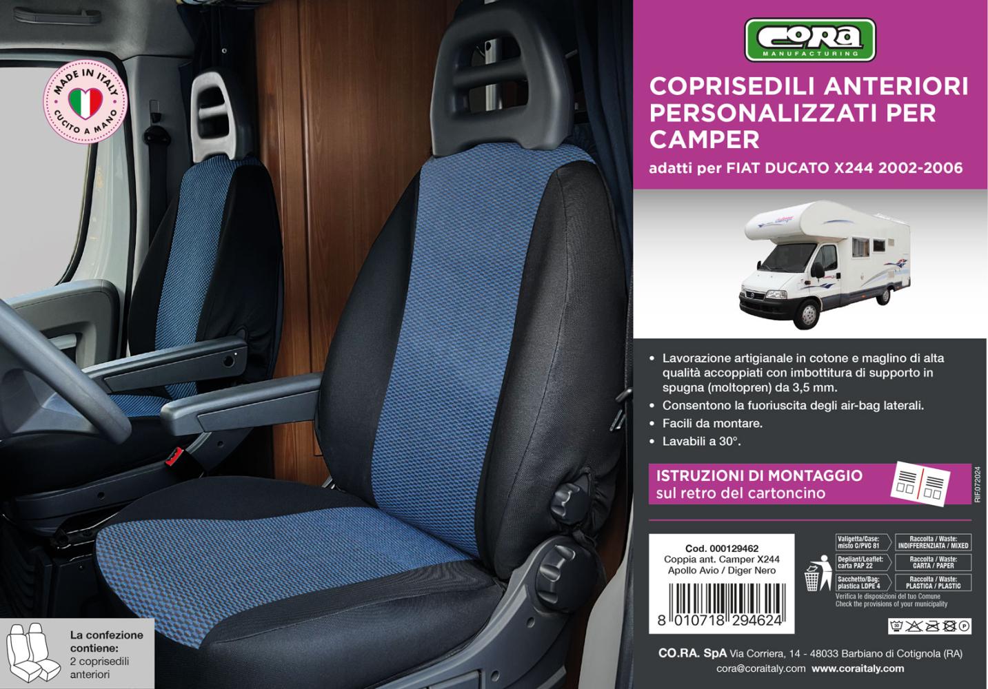 Coprisedili anteriori personalizzati Fiat Ducato camper 02>06 tess. misto cotone nero/avio - immagine 3