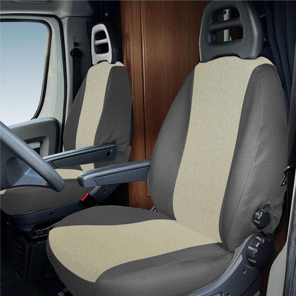 Coprisedili anteriori personalizzati Fiat Ducato camper 02>06 tess. misto cotone piombo/crema