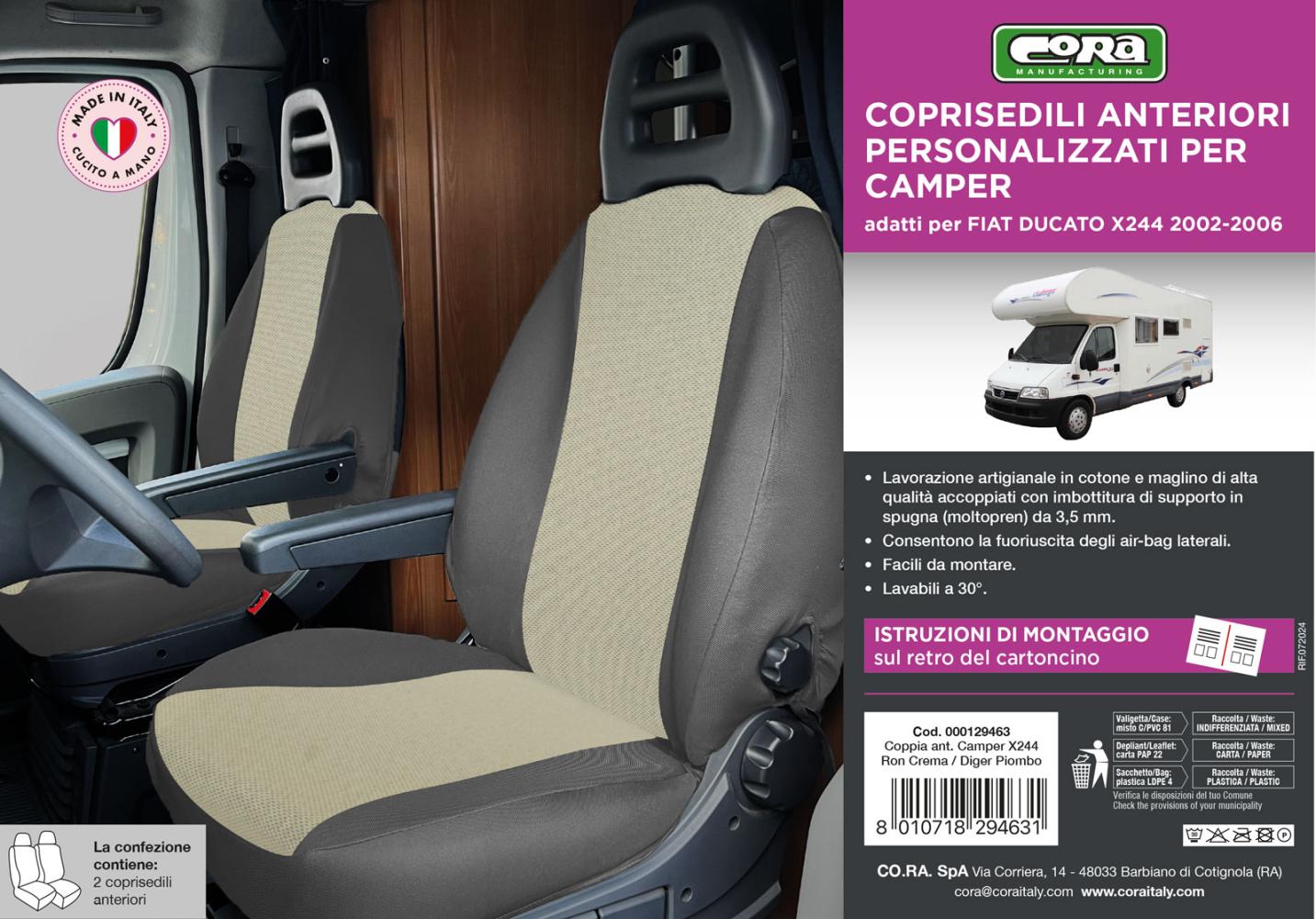 Coprisedili anteriori personalizzati Fiat Ducato camper 02>06 tess. misto cotone piombo/crema - immagine 3