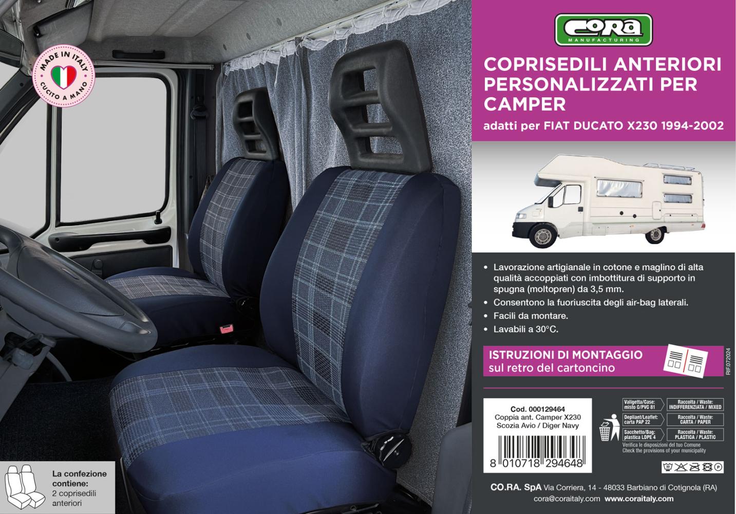 Coprisedili anteriori personalizzati Fiat Ducato camper 94>02 tess. misto cotone avio/navy - immagine 3