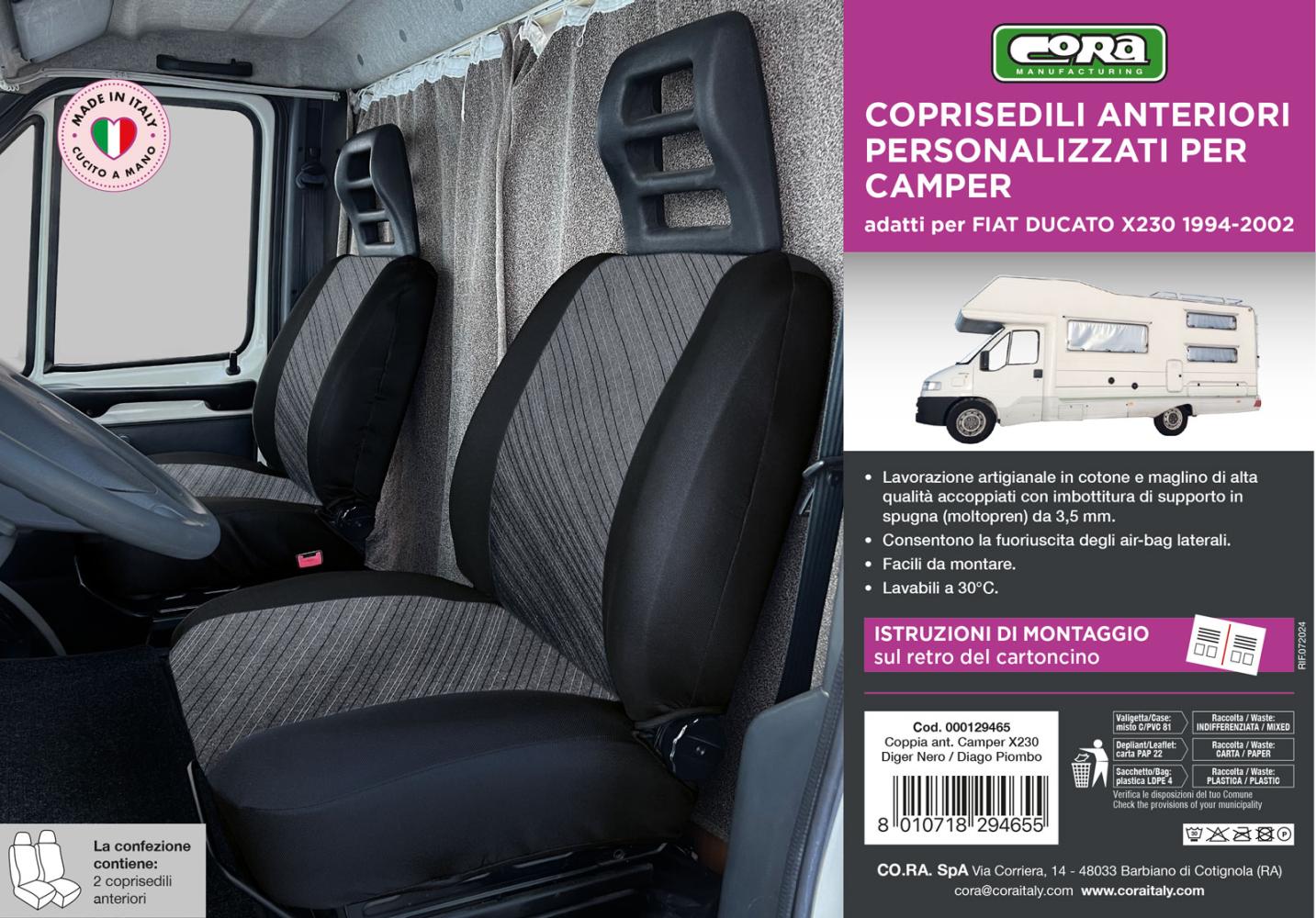 Coprisedili anteriori personalizzati Fiat Ducato camper 94>02 tess. misto cotone grigio/nero - immagine 3