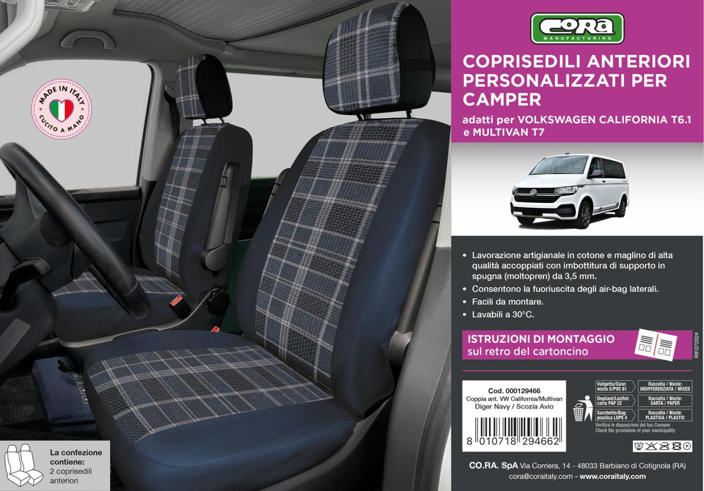 Coprisedili anteriori Volkswagen California/Multivan T6.1/T7 tess. misto cotone avio/navy - immagine 3
