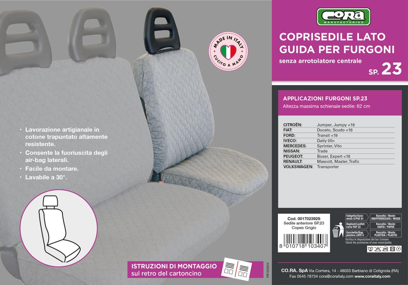Coprisedile lato guida per furgoni tg. SP23 tess. cotone trapuntato grigio - immagine 2