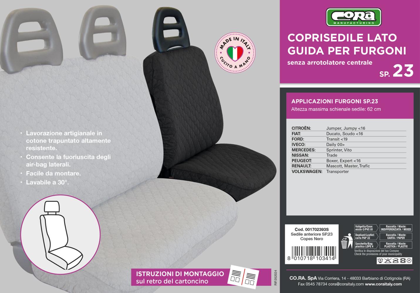 Coprisedile lato guida per furgoni tg. SP23 tess. cotone trapuntato nero - immagine 3