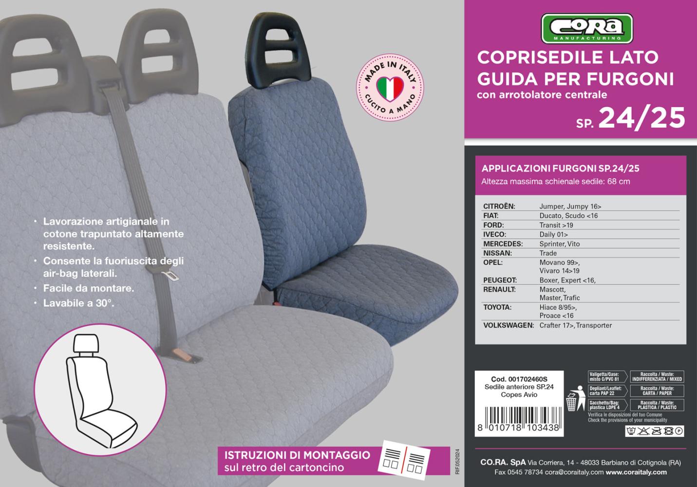 Coprisedile lato guida per furgoni tg. SP24/SP25 tess. cotone trapuntato avio - immagine 3