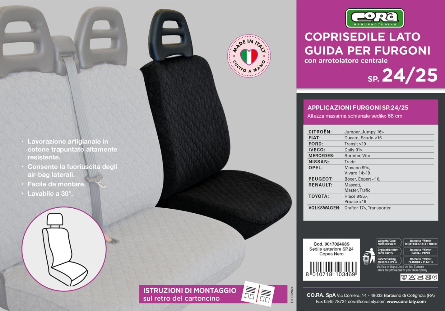 Coprisedile lato guida per furgoni tg. SP24/SP25 tess. cotone trapuntato nero - immagine 3
