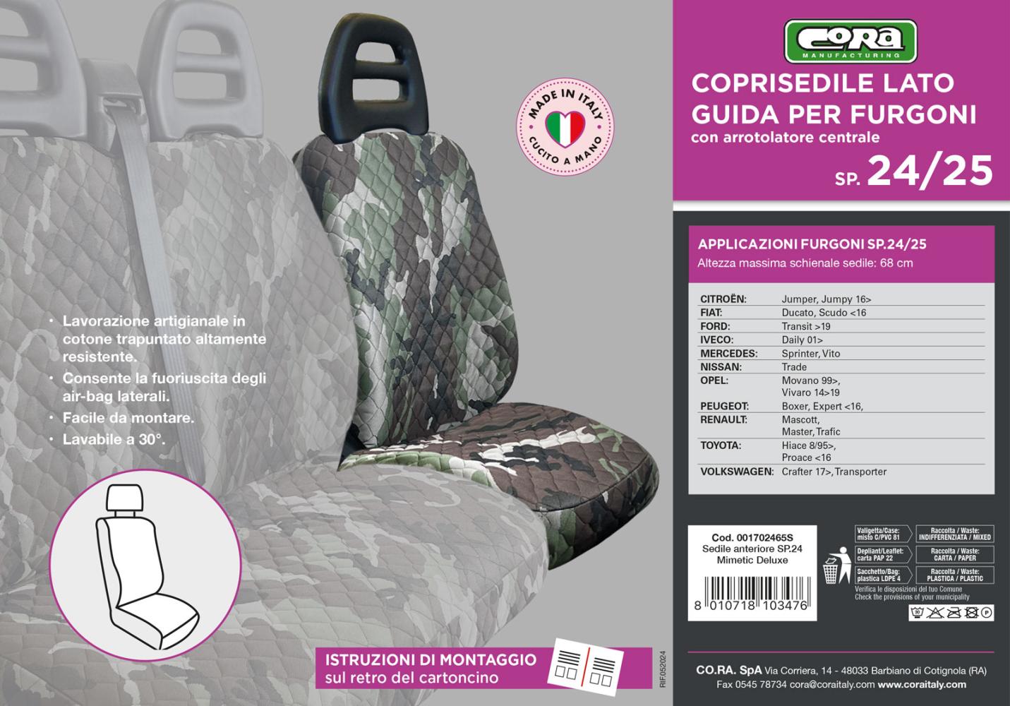 Coprisedile lato guida per furgoni tg. SP24/SP25 tess. poliestere trapuntato mimetic - immagine 3