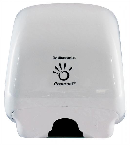 Dispenser antibatterico per carta igienica interfogliata e rotolini