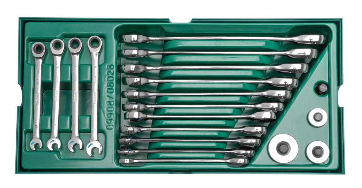 Set a vassoio chiavi combinate a cricchetto e recupero e adattatori 19 pz