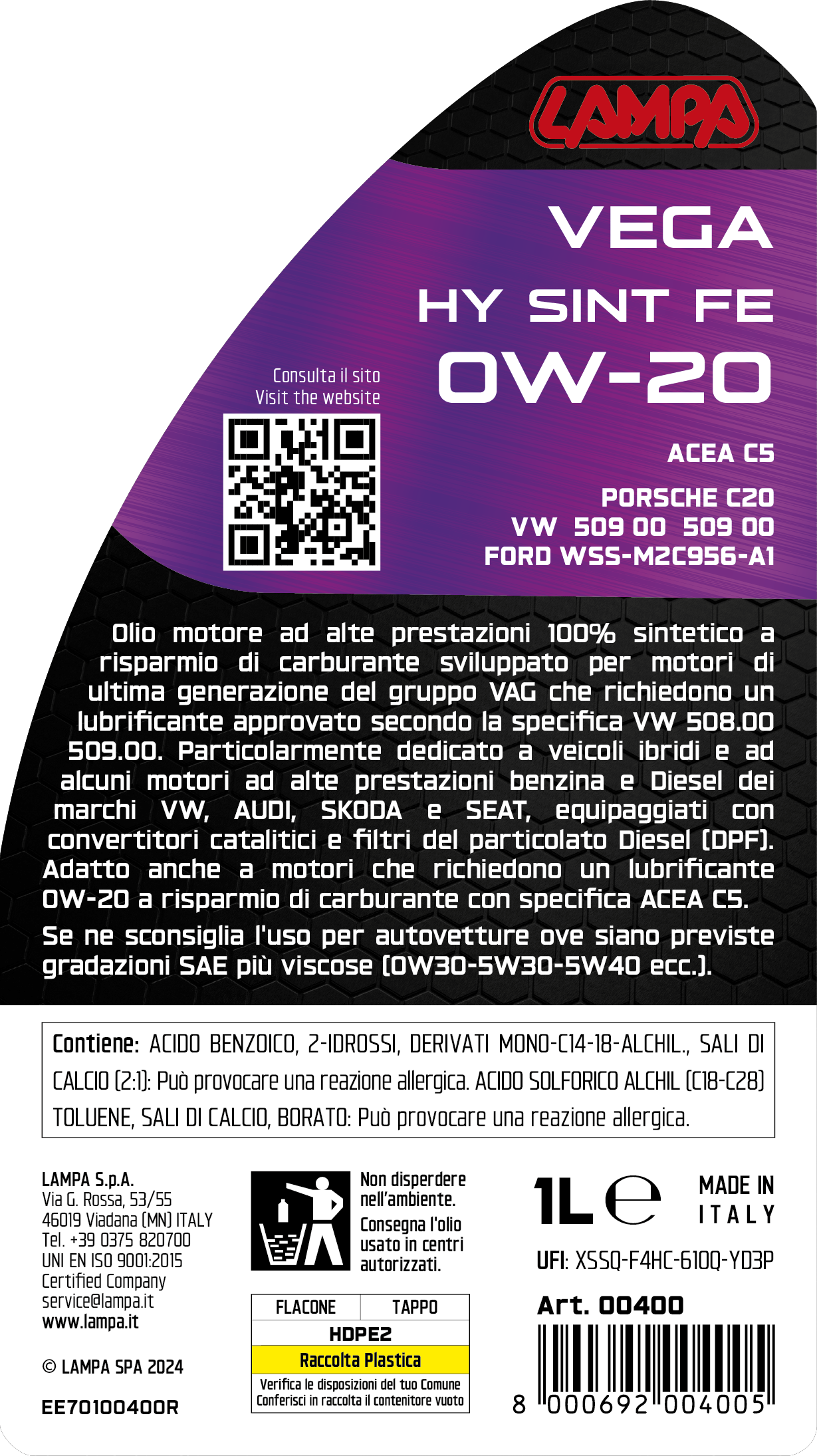 Vega HY Sint FE 0W-20, olio motore auto - 1 L - immagine 5