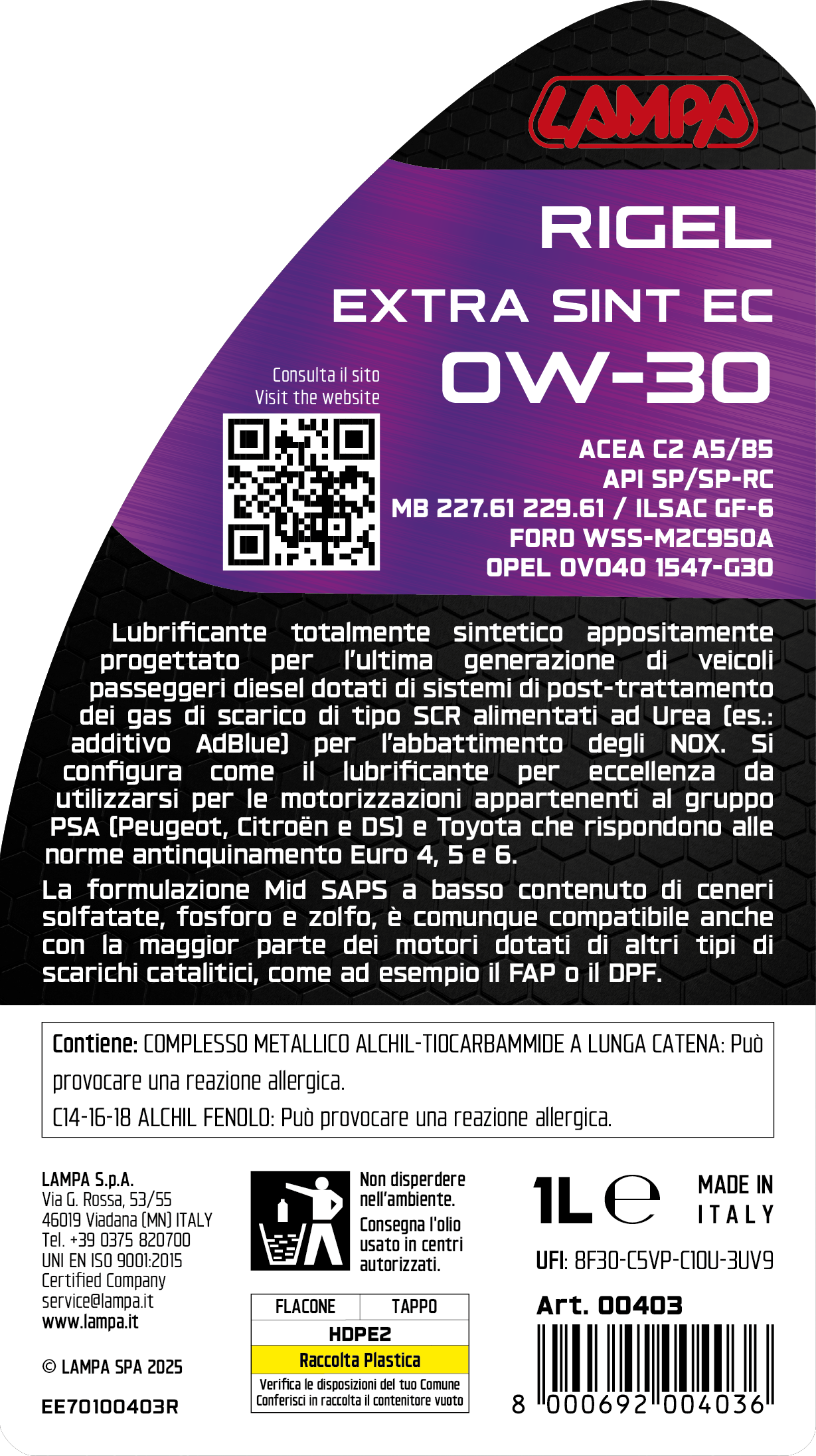 Rigel Extra Sint EC 0W-30, olio motore auto - 1 L - immagine 3