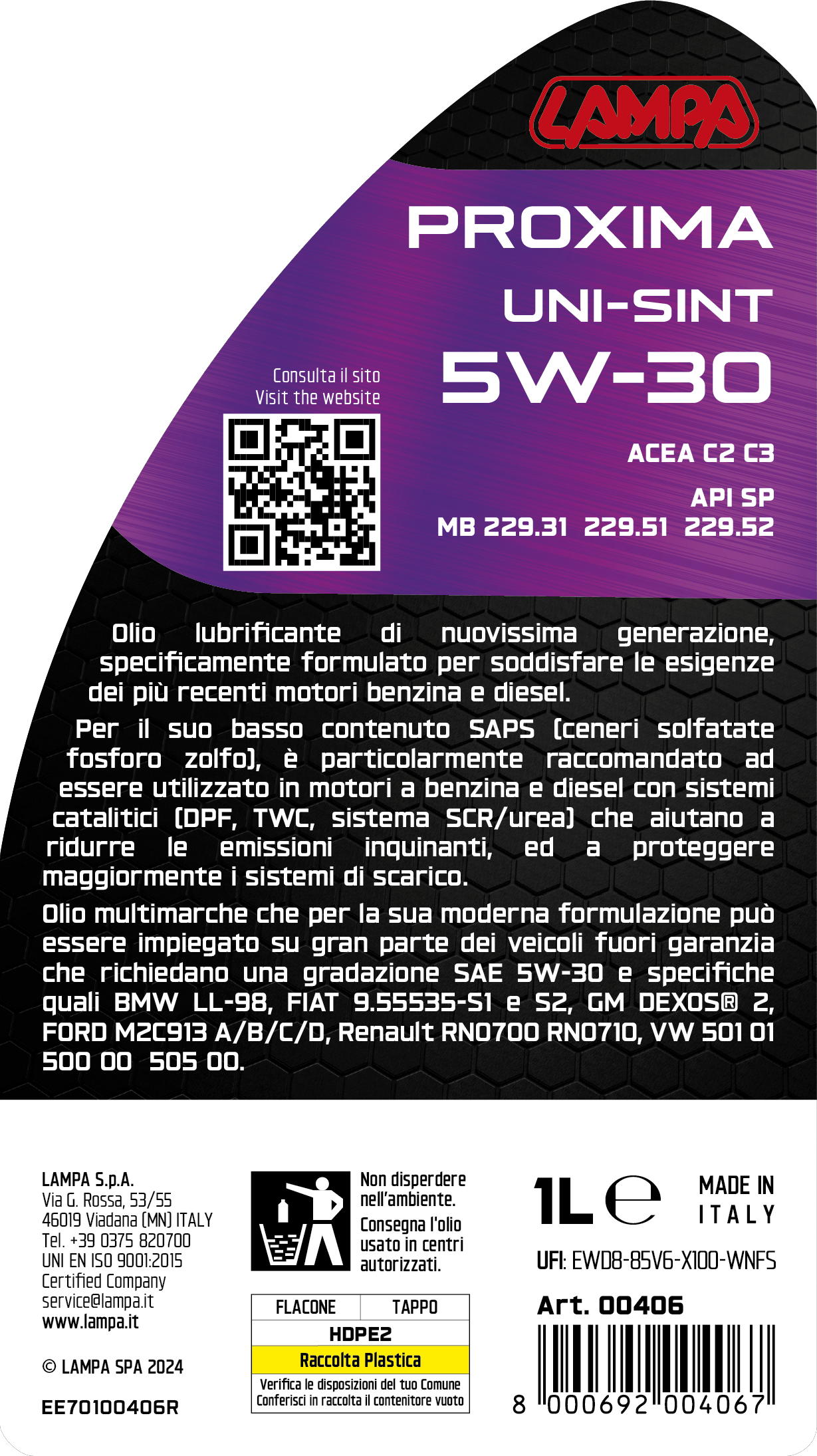 Proxima Uni-Sint 5W-30, olio motore auto - 1 L - immagine 3