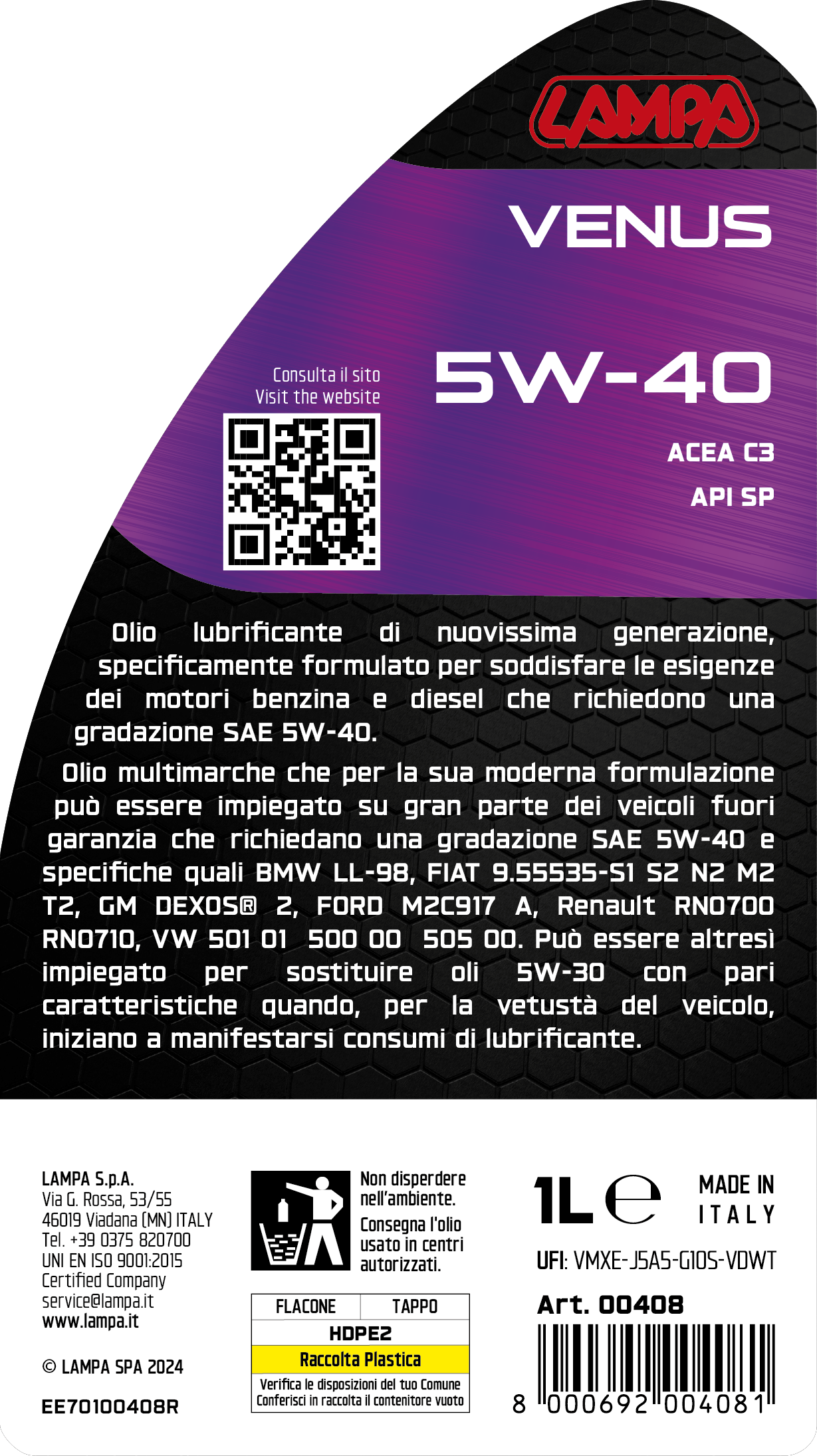Venus 5W-40, olio motore auto - 1 L - immagine 3