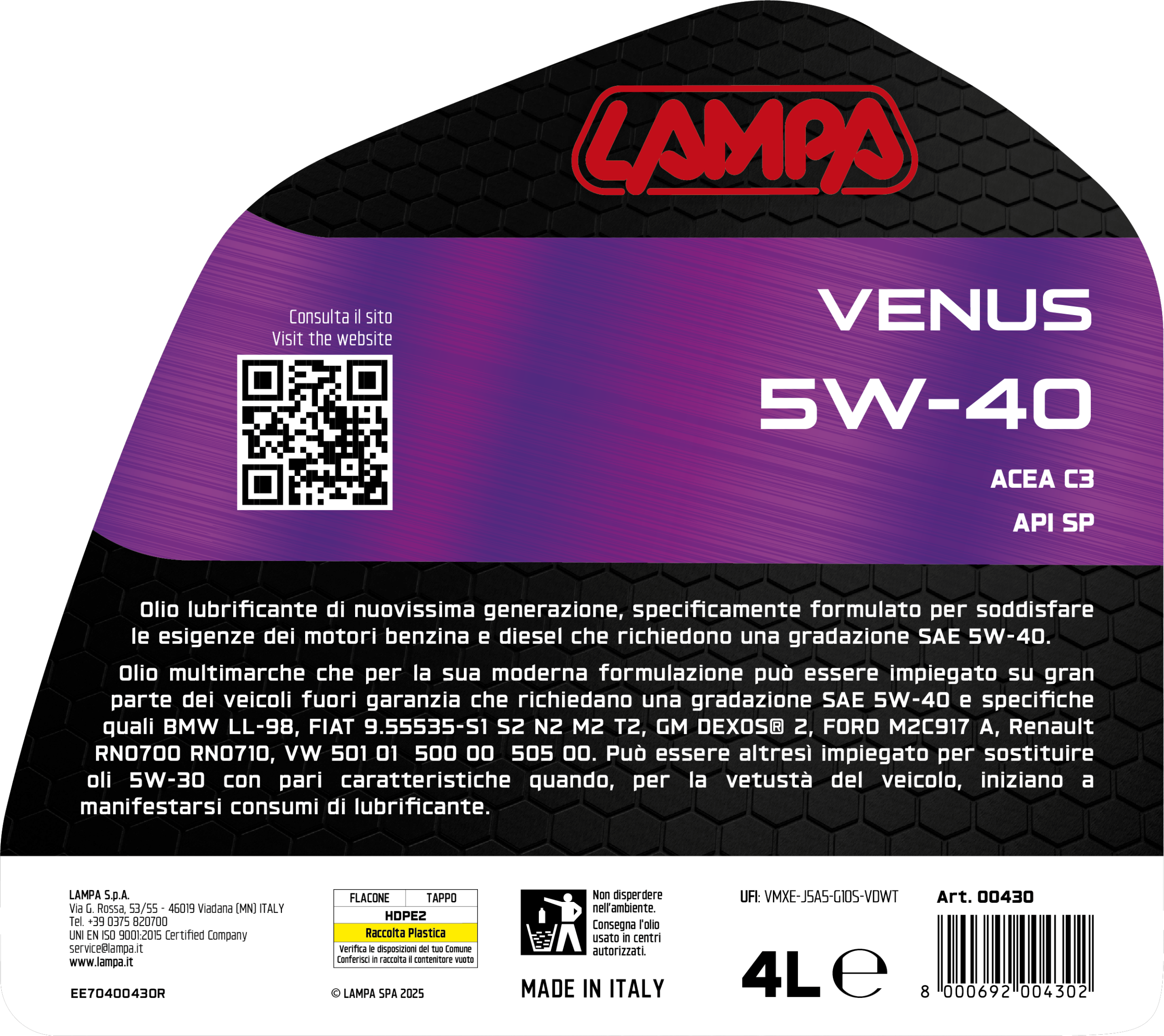 Venus 5W-40, olio motore auto - 4 L - immagine 2