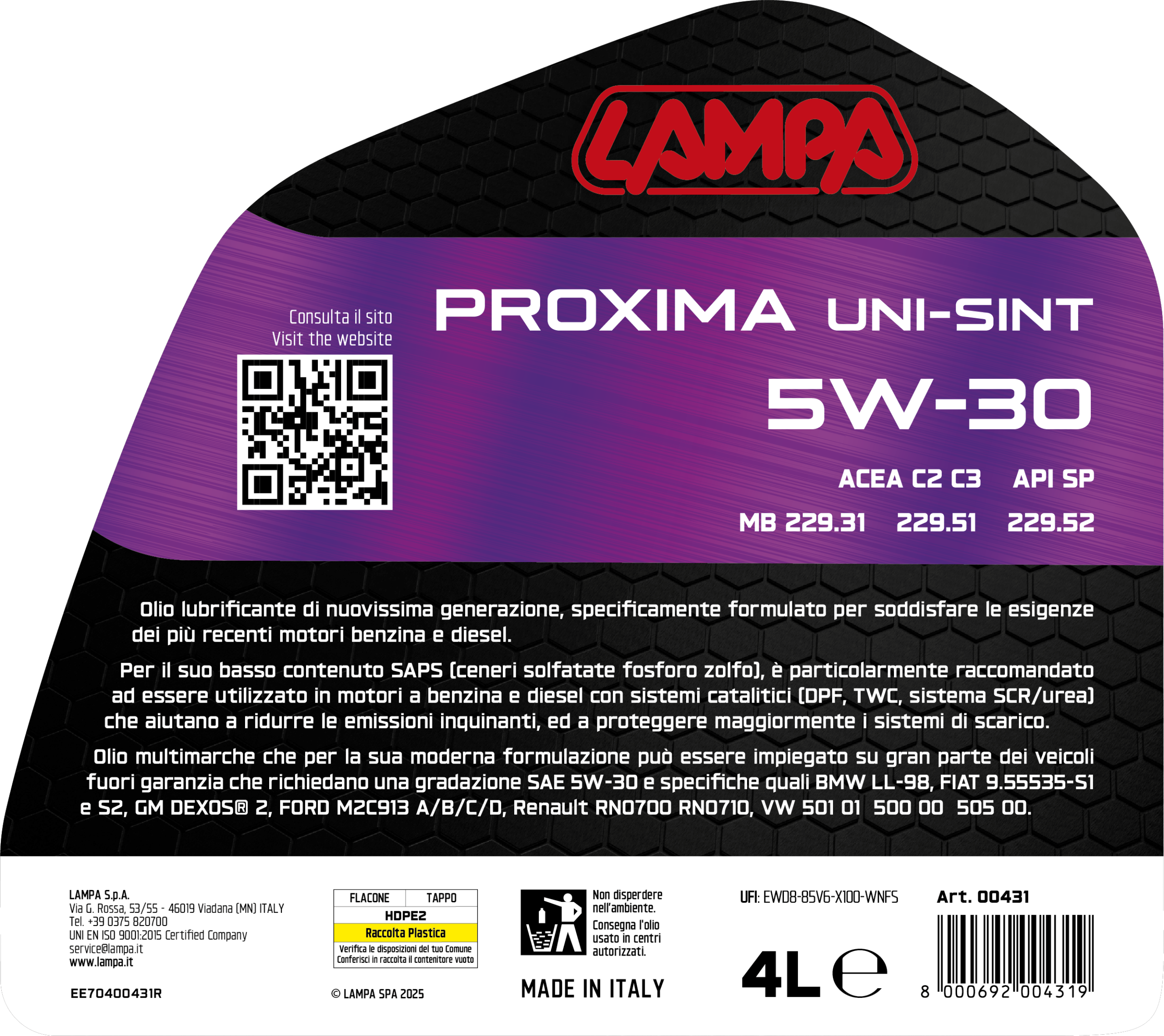 Proxima Uni-Sint 5W-30, olio motore auto - 4 L - immagine 2